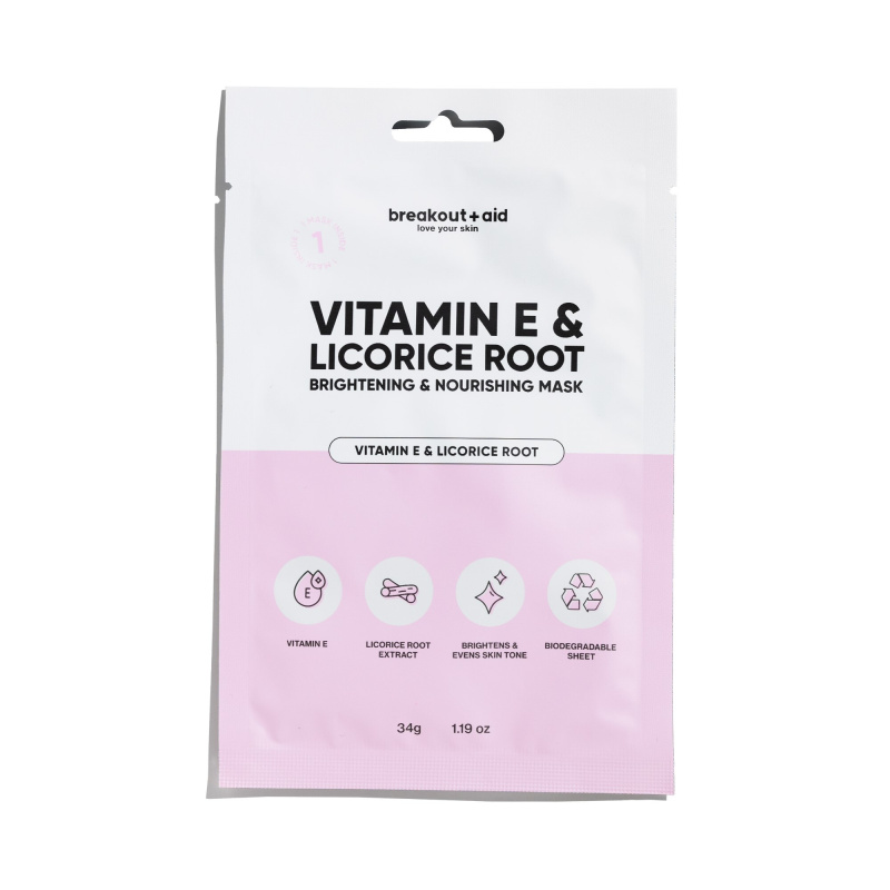 breakout + aid Vitamin E & Licorice Root rozjasňující plátýnková maska s vitamínem E 34 ks