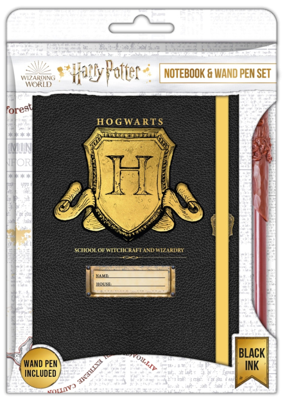 CurePink Dárkový set bloku s propiskou v grafice hůlky Harry Potter Štít Bradavic A5 14,8 x 19 cm HP148482