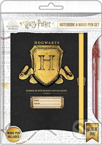 CurePink Dárkový set bloku s propiskou v grafice hůlky Harry Potter Štít Bradavic A5 14,8 x 19 cm HP148482