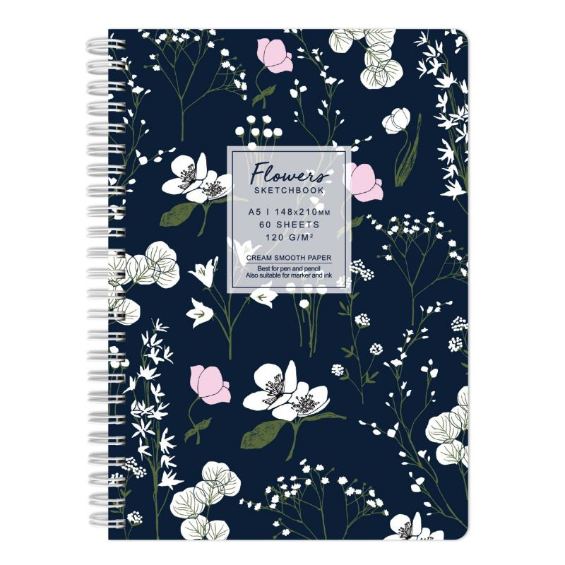 Kroužkový blok Flowers černý (120g/m2, 60 listů) A5