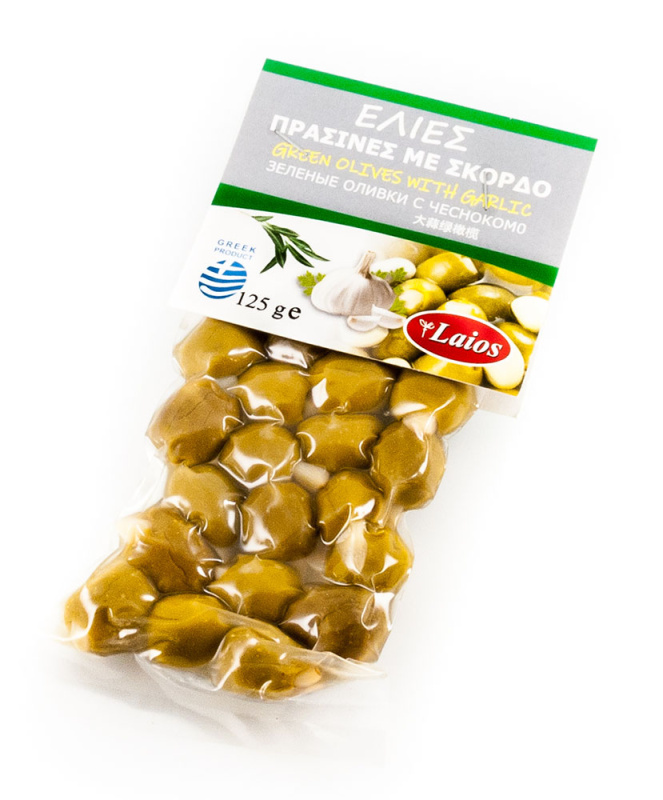Laios zelené olivy bez pecky plněné česnekem vakuum 125g