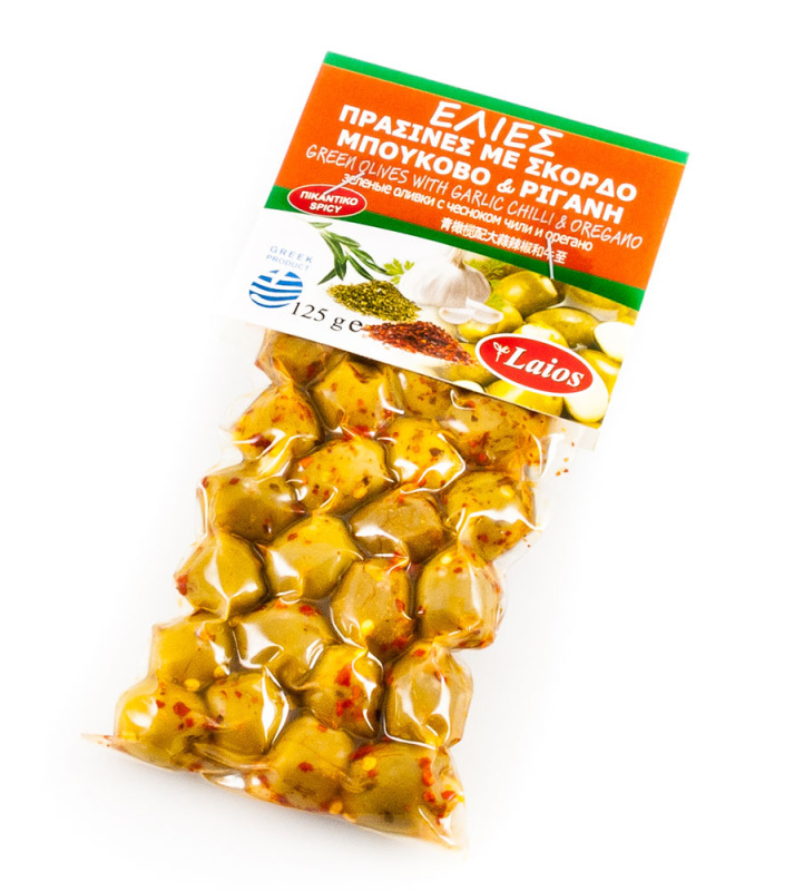Laios zelené olivy bez pecky s česnekem, oreganem a chilli 125g