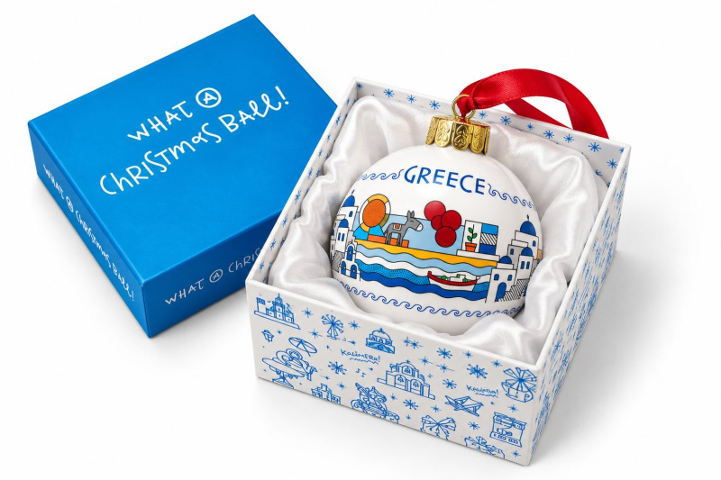 ATP – řecká keramická vánoční baňka GREECE 004, bílo-modrá