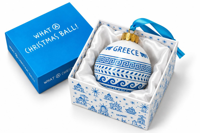 ATP – řecká keramická vánoční baňka GREECE ANCIENT 01 MEANDER, bílo-modrá