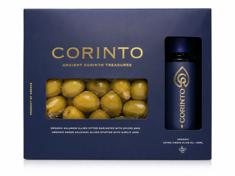 CORINTO BIO dárková kazeta — řecký olivový olej 100 ml a 2 × 250 g řecké olivy