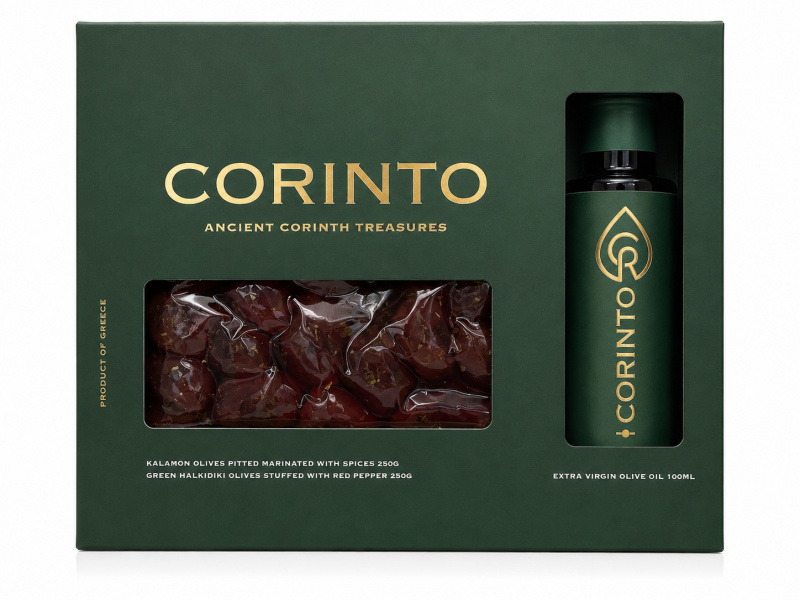 CORINTO dárková kazeta — řecký olivový olej 100 ml a 2 × 250 g řecké olivy