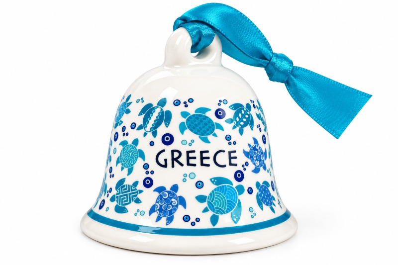 ATP – řecký keramický vánoční zvonek GREECE 014 Caretta Caretta, bílo-tyrkysový