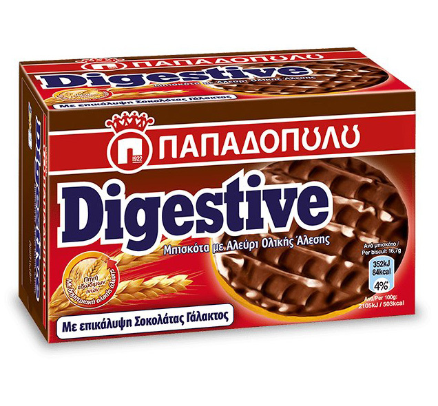 Papadopoulou Digestive pšeničné sušenky v mléčné čokoládě 200g