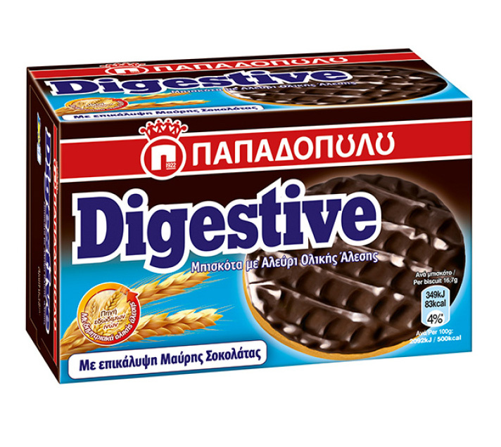 Papadopoulou Digestive pšeničné sušenky s hořkou čokoládou 200g