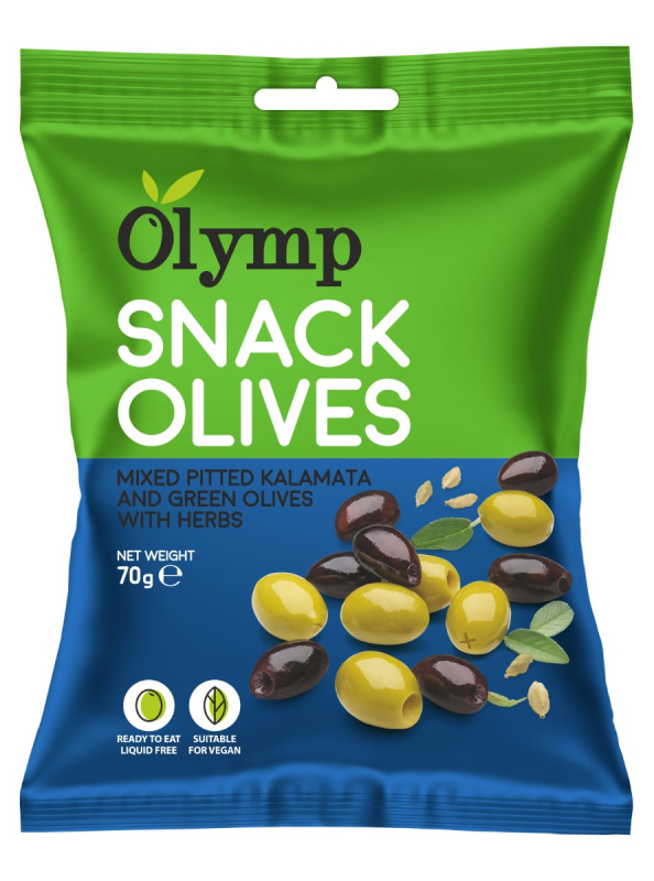 Olymp Snack Mix Kalamata tmavé a zelené olivy bez pecky s bylinkami 70g