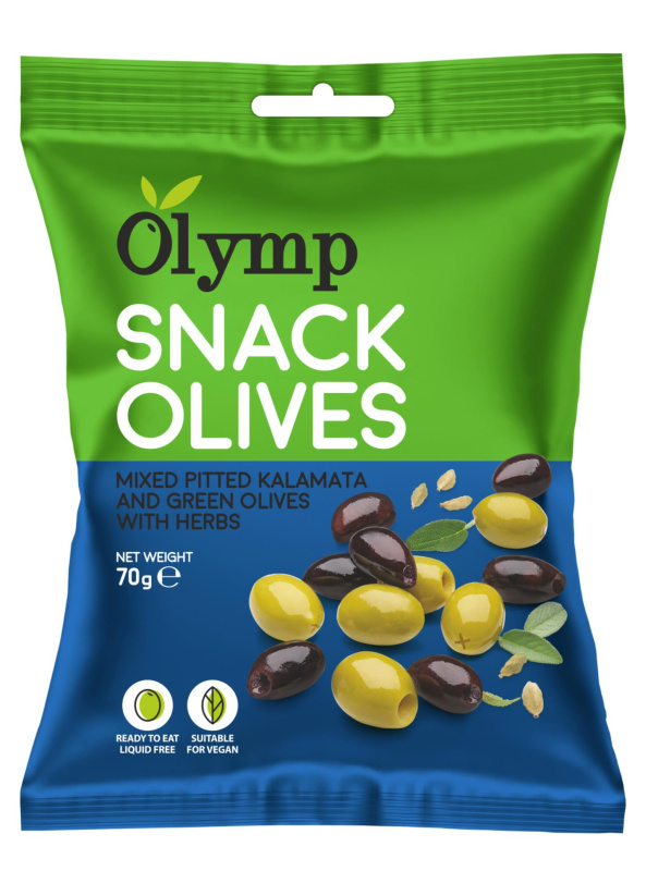 Olymp Snack Mix Kalamata tmavé a zelené olivy bez pecky s bylinkami 70g