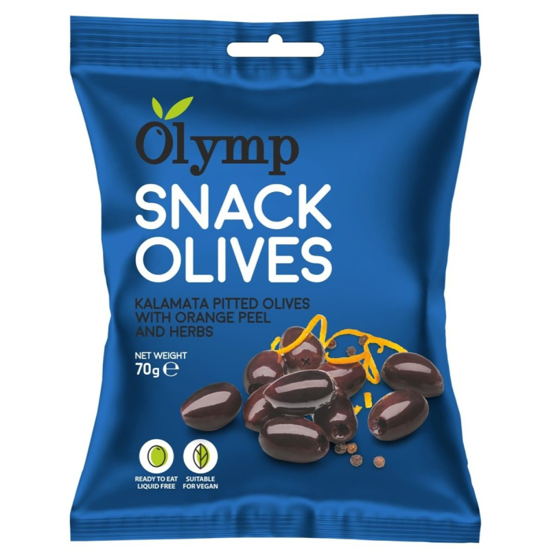 Olymp Snack olivy Kalamata bez pecky s pomerančovou kůrou a bylinkami 70g