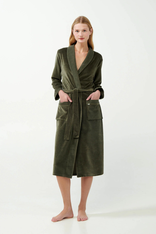 Vamp - Dlouhý sametový župan 21143 - Vamp olive dusty xl