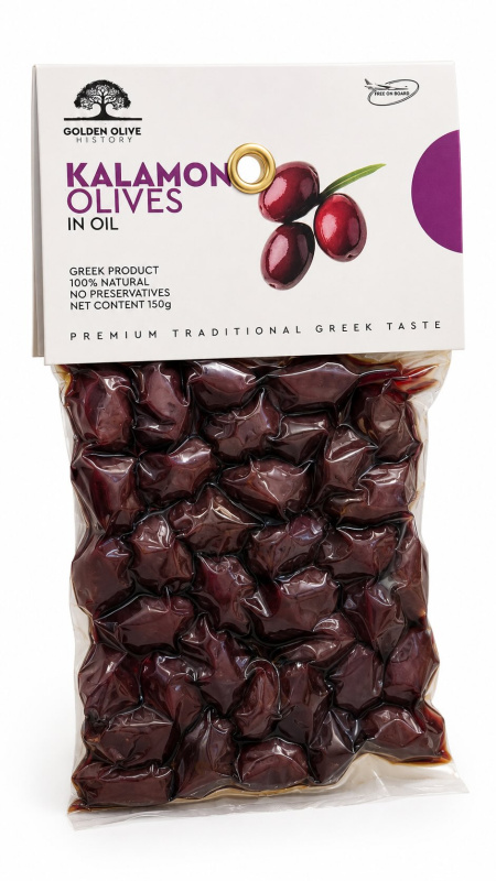 Golden Olive History tmavé olivy Kalamata (Kalamon) s peckou v olivovém oleji – vakuum 150 g