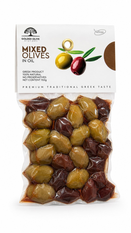 Golden Olive History Mix černé a zelené olivy s peckou v olivovém oleji vakuum 150g