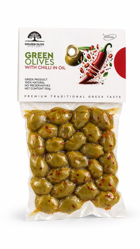Golden Olive History zelené olivy s peckou a chilli v olivovém oleji – vakuum 150 g