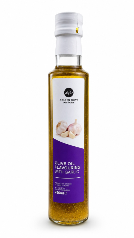 Golden Olive History Kréta ochucený extra panenský olivový olej s česnekem 250 ml – sklo