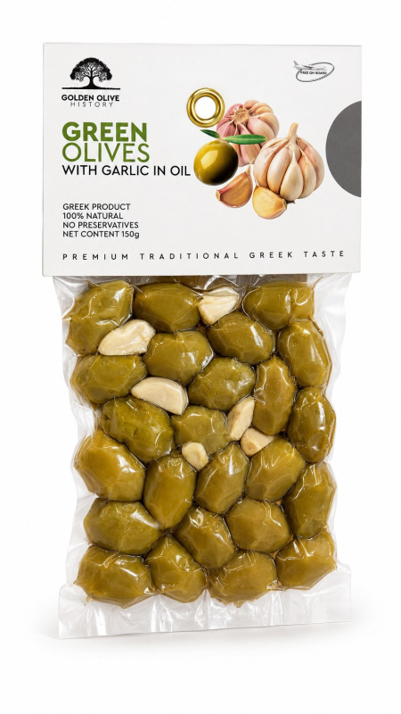 Golden Olive History zelené olivy s peckou a česnekem v olivovém oleji – vakuum 150 g