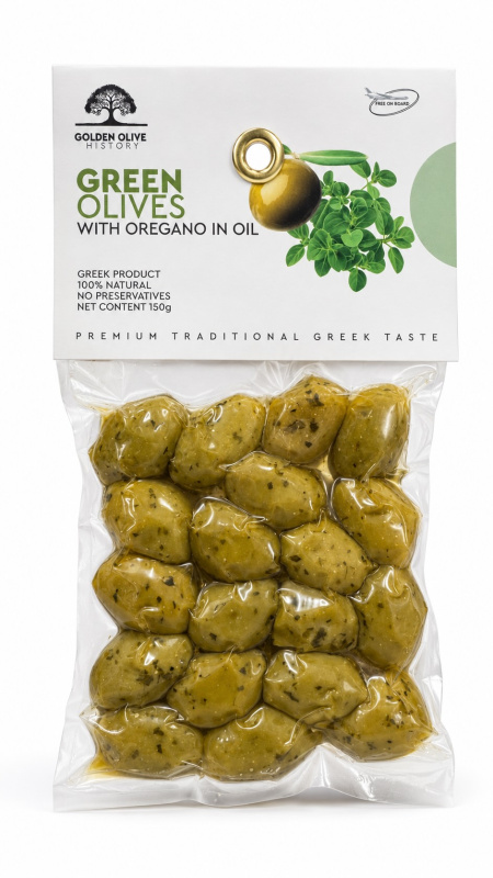Golden Olive History zelené olivy s peckou a oreganem v olivovém oleji vakuum 150 g