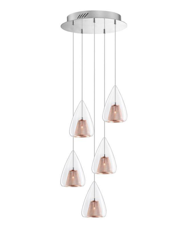 Nova Luce Závěsné svítidlo HUGO chromovaný hliník čiré sklo a růžový zlatý rám G9 5x5W