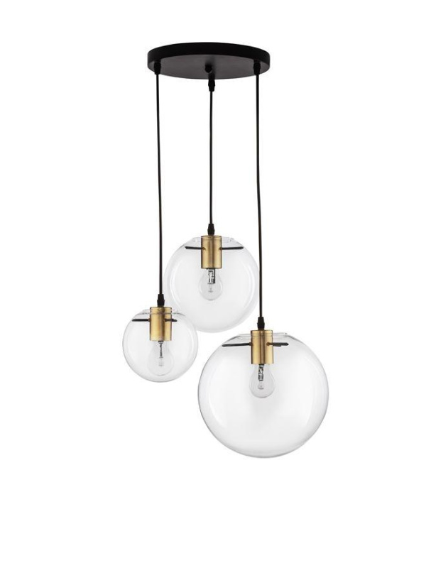 Nova Luce Závěsné svítidlo MIRALE čiré sklo a zlatý kov černý PVC kabel E27 3x12W