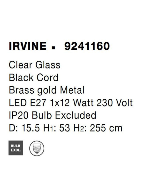 Nova Luce Závěsné svítidlo IRVINE čiré sklo černý kabel mosazný zlatý kov E27 1x12W