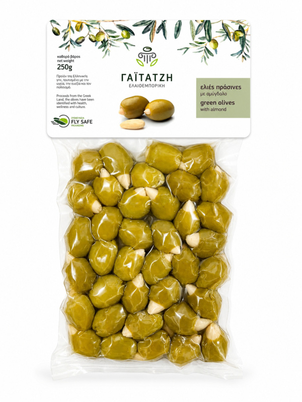 Gaitatzi zelené olivy bez pecky plněné mandlí vakuum 250 g