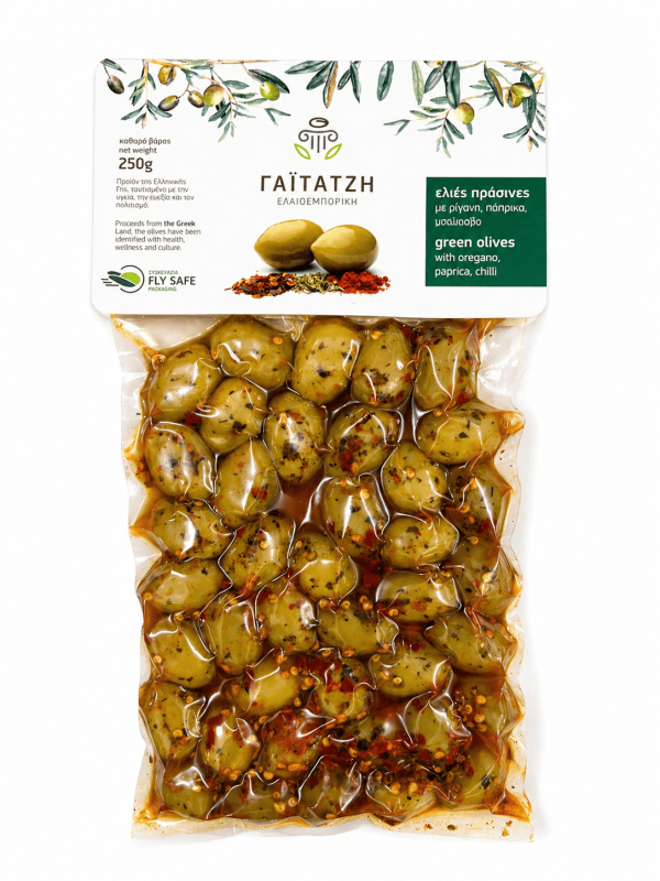Gaitatzi zelené olivy s peckou ochucené oreganem, paprikou a chilli vakuum 250 g