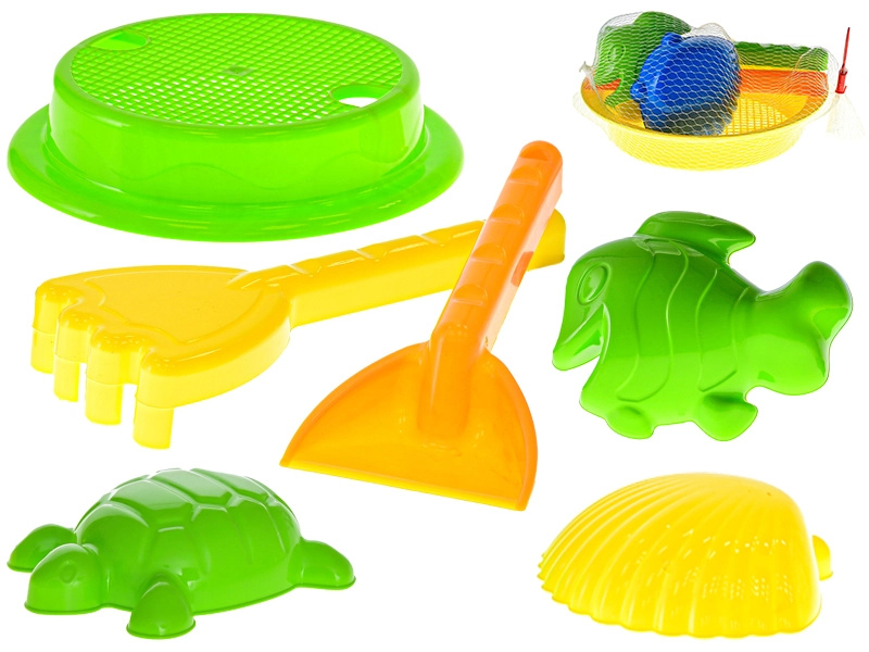 Dětská sada na písek se sítkem, lopatkou, hráběmi a formičkami (v síťce)