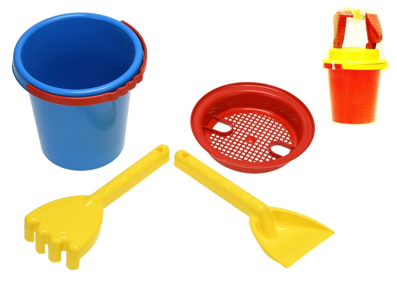 Dětská sada na písek v síťce (kbelík, sítko, lopatka, hrabičky) 14 cm