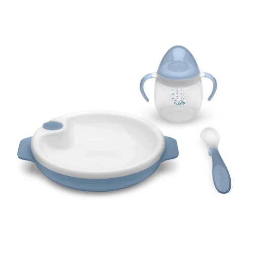 Termo talířek se silikonovou lžičkou a hrnečkem Powder Blue