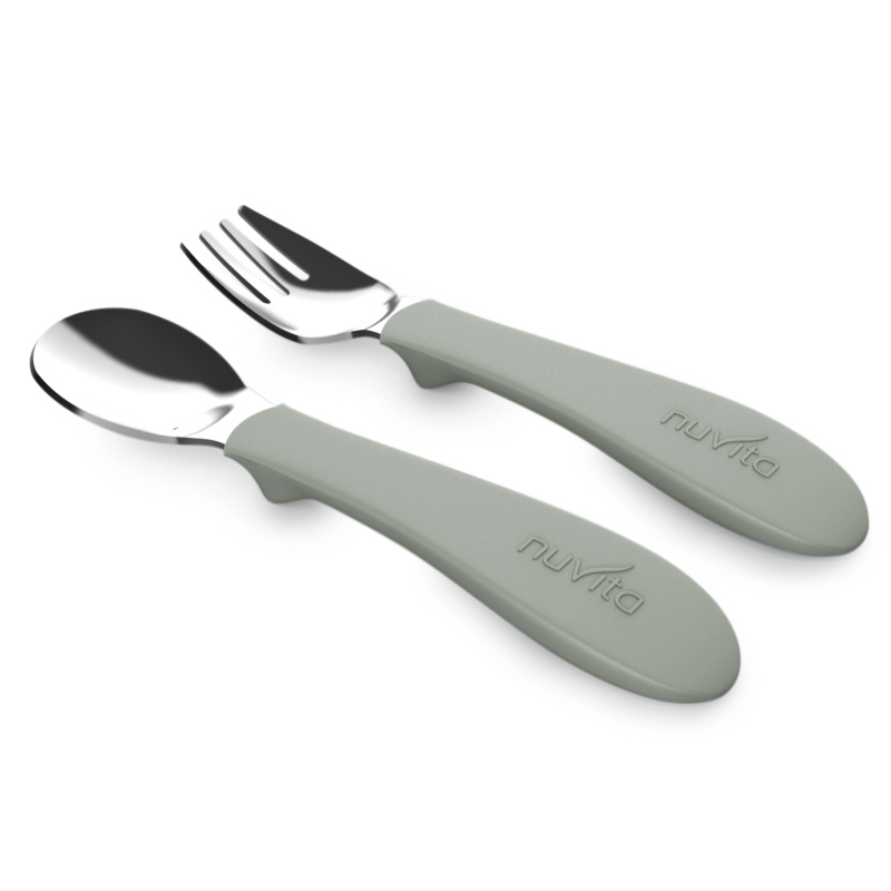 Dětská lžička a vidlička Sage Green s ergonomickou rukojetí