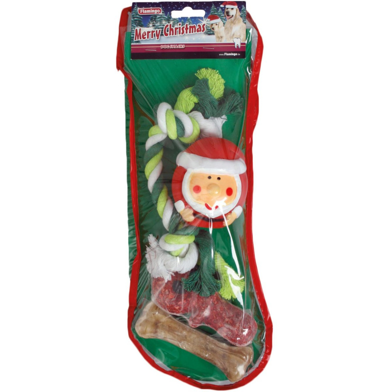 Flamingo Vánoční ponožka pro psy - set hračky s pamlsky