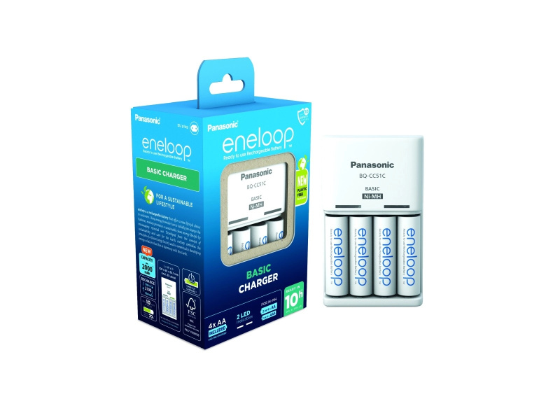 Panasonic Eneloop Basic Charger + 4x Panasonic Eneloop 1900mAh K-KJ51MCC40E