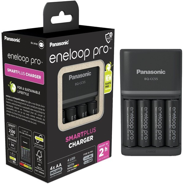 Panasonic Eneloop Charger BQ-CC55 + 4 x R6/AA Eneloop PRO 2500mAh BK-3HCDE K-KJ55HCD40E Černá