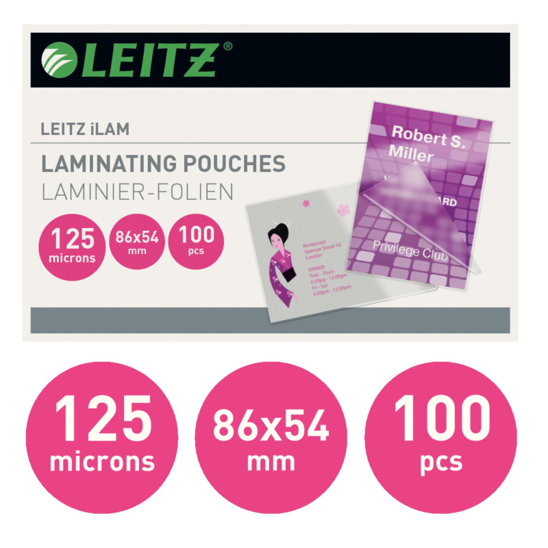 Laminovací kapsy Leitz - 54x86mm, 125 mic, čiré, 100 ks