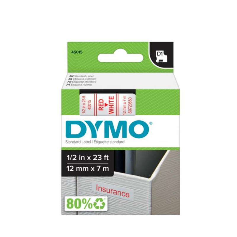Páska Dymo D1 - bílá, šířka 12 mm, návin 7 m, červené písmo