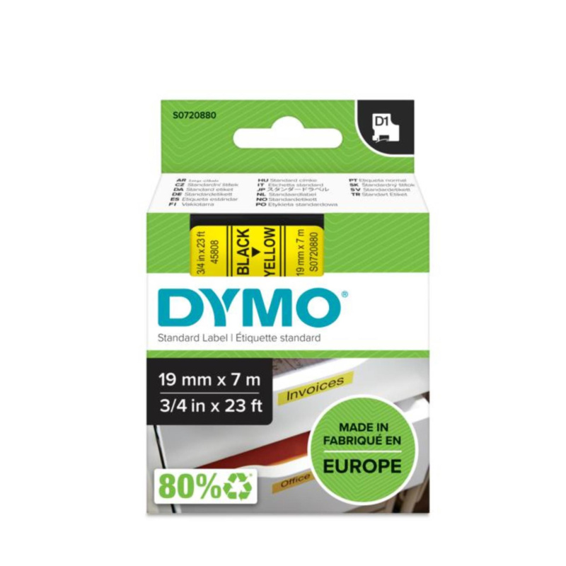 Páska Dymo D1 - žlutá, šířka 19 mm, návin 7 m, černé písmo
