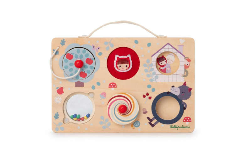 Lilliputiens - dřevěný panel s aktivitami - dobrodružství Červené Karkulky a vlka Ludvíka