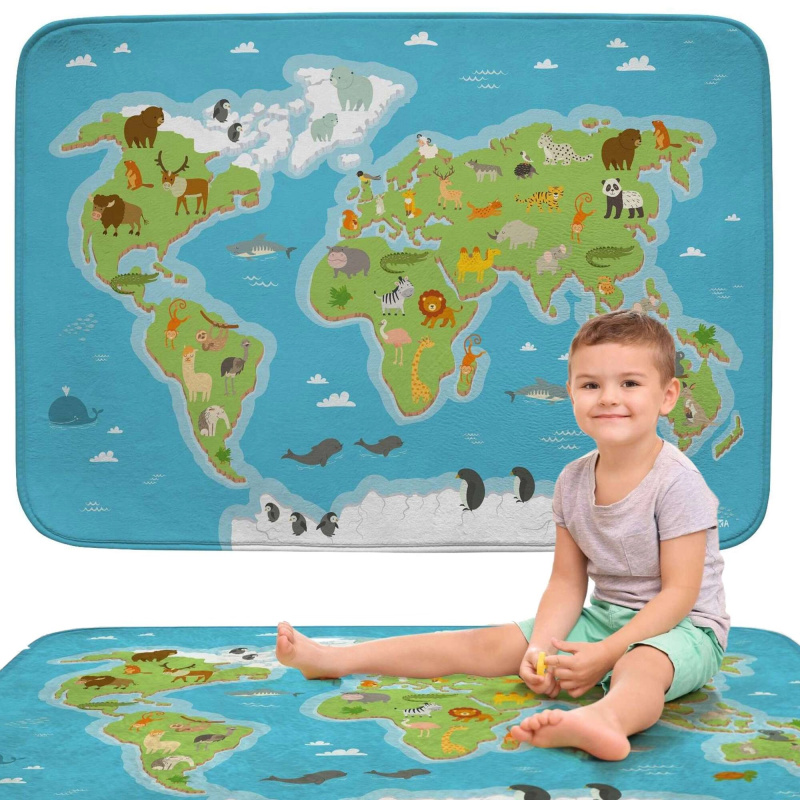 měkký dětský koberec – hrací podložka mapa světa se zvířaty 100 × 150 cm achoka