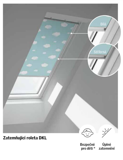 Zatemňující roleta VELUX DKL Kolekce pro dobrou noc - nová generace Barva rolety: Horkovzdušné balóny (4666), Barva vodicí lišty: Bílý lakovaný hliník (SWL), Označení okna (ze štítku na okně): CK02 55x78 cm