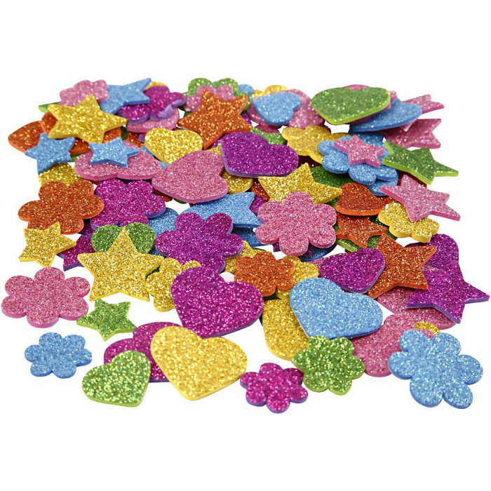 Výřezy z pěnovky samolepicí třpytivé - Květiny, srdíčka a hvězdičky (100ks)