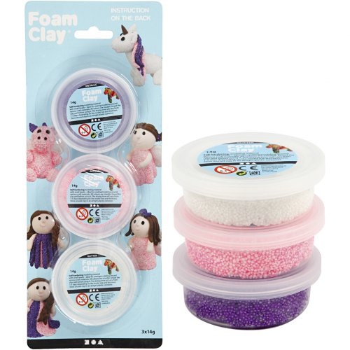Creative Samotvrdnoucí modelovací pěnová hmota Foam Clay SADA - BÍLÁ, GLITTER RŮŽOVÁ, METALICKÁ FIALOVÁ