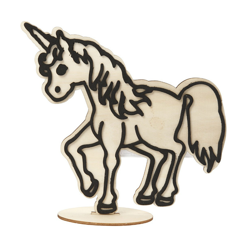 Dřevěný jednorožec s obrysem z pěnovky 16x20cm
