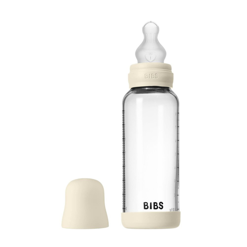BIBS Baby Glass Bottle Silicone antikoliková lahev se silikonovým pítkem Ivory 240 ml