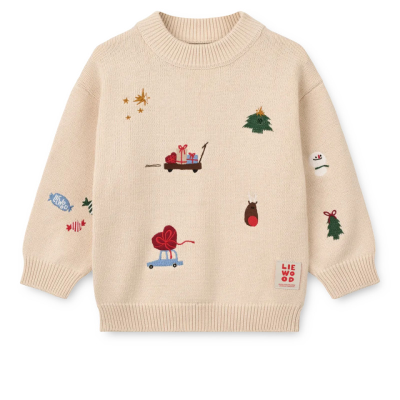 LIEWOOD Pletený svetr s vánoční výšivkou Orlane – Festive / Sandy / Embroidery Velikost: 86-92