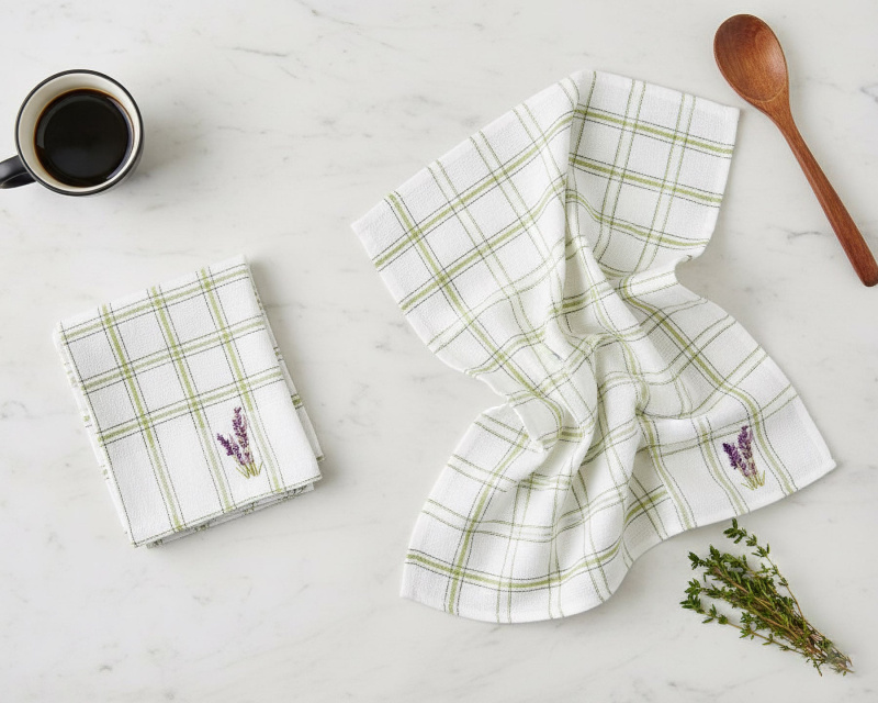 Euromat kuchyňská vaflová utěrka  LAVENDA zelené káro s vyšívanou levandulí, 1 kus, 45x65cm