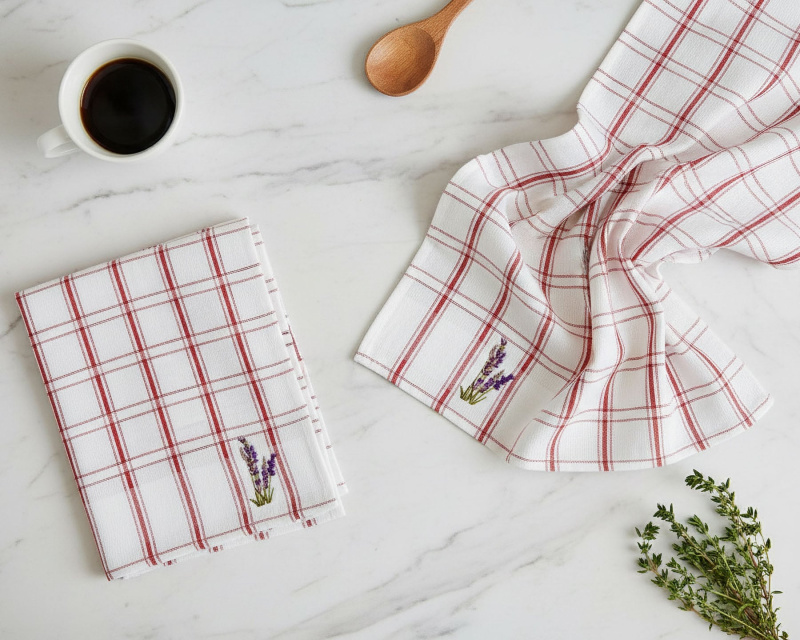 Euromat kuchyňská vaflová utěrka  LAVENDA červené káro s vyšívanou levandulí, 1 kus, 45x65cm