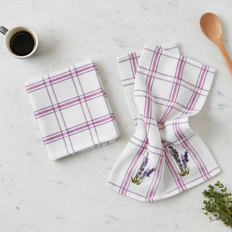 Euromat kuchyňská vaflová utěrka  LAVENDA růžové káro s vyšívanou levandulí, 1 kus, 45x65cm