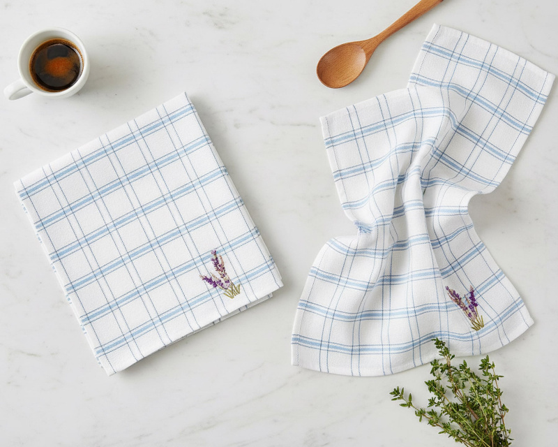 Euromat kuchyňská vaflová utěrka  LAVENDA modré káro s vyšívanou levandulí, 1 kus, 45x65cm